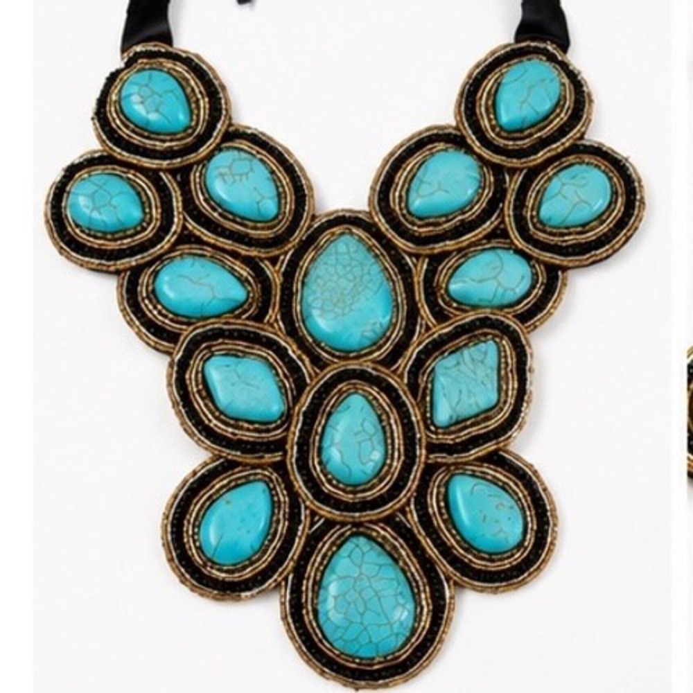 Turquoise-Hued Cabochons Southwestern Bib Necklace Handmade Ribbon Tie Back - Picture 2 of 9